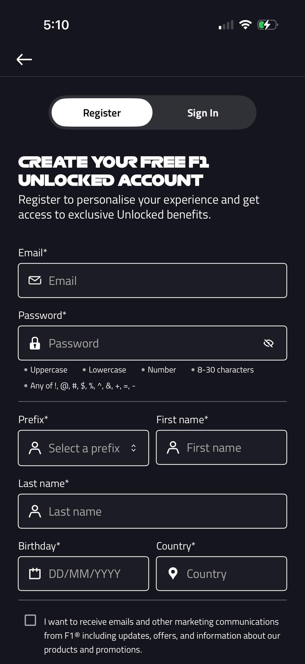 f1 signup screenshot